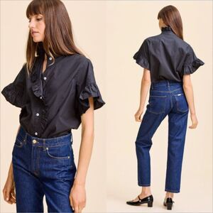 Mille Vanessa Ruffle Top Size XS Black Cotton Button Up